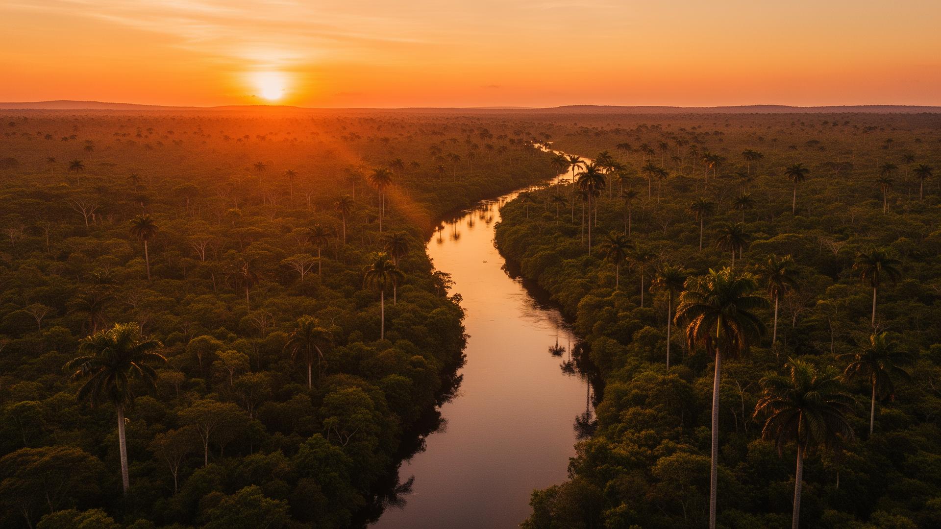 Vista aérea do cerrado brasileiro ao pôr do sol